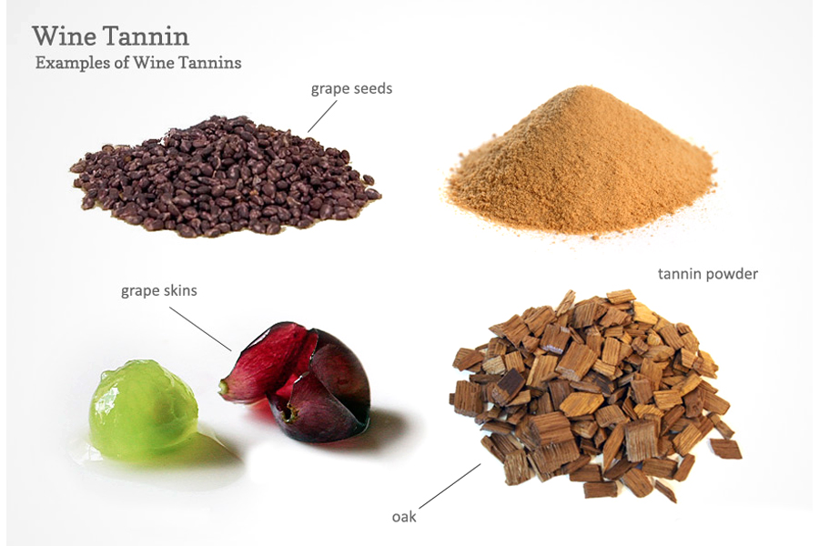 Tannin có trong vỏ, hạt và cuống nho. Nó cũng hiện diện trong các thùng ủ rượu bằng gỗ sồi